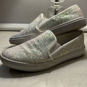 White sparkle slip on sneakers